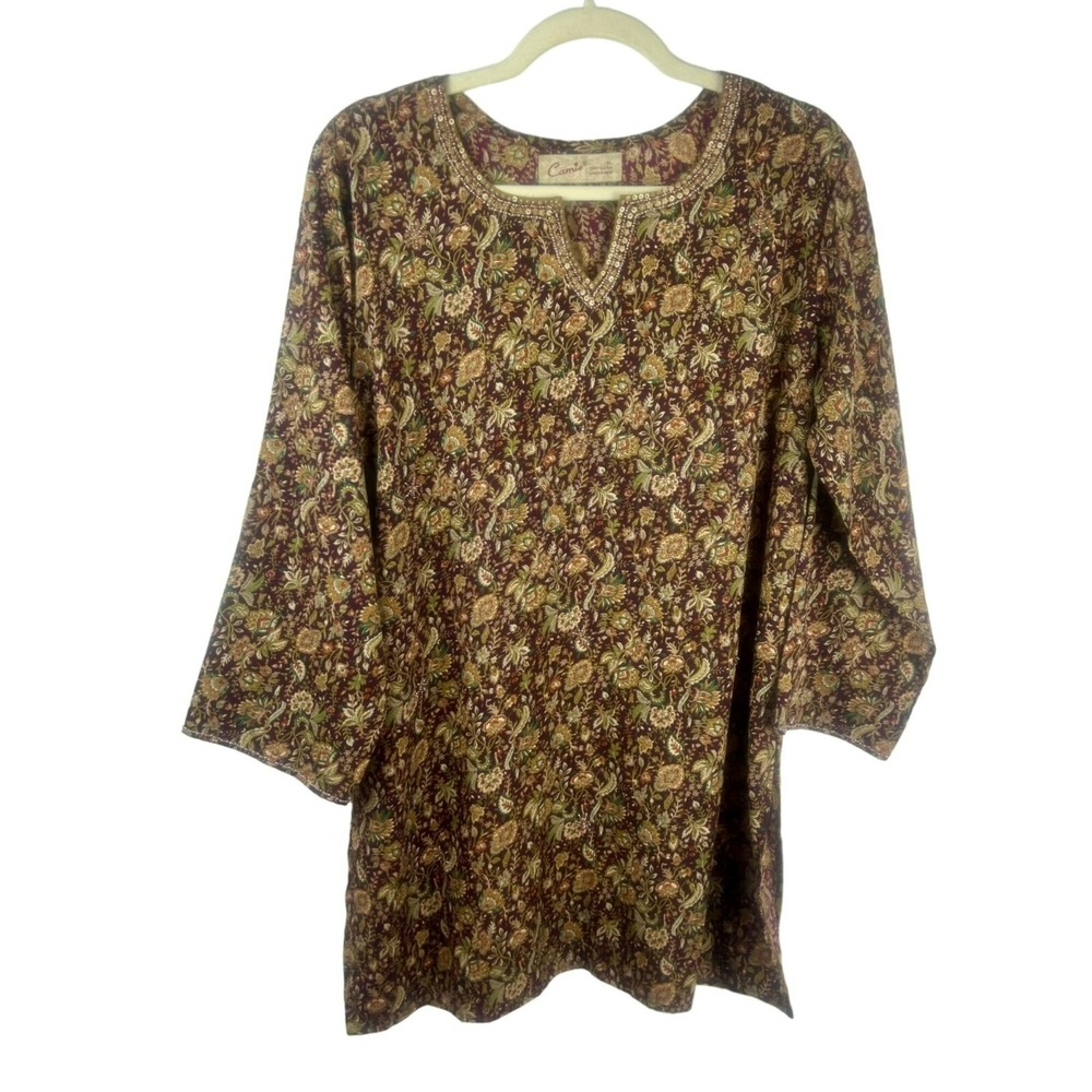 NEW Camie Floral Silk Tunic Blouse Women XL Red Tan Beaded Made in India Paisley - Picture 2 of 8